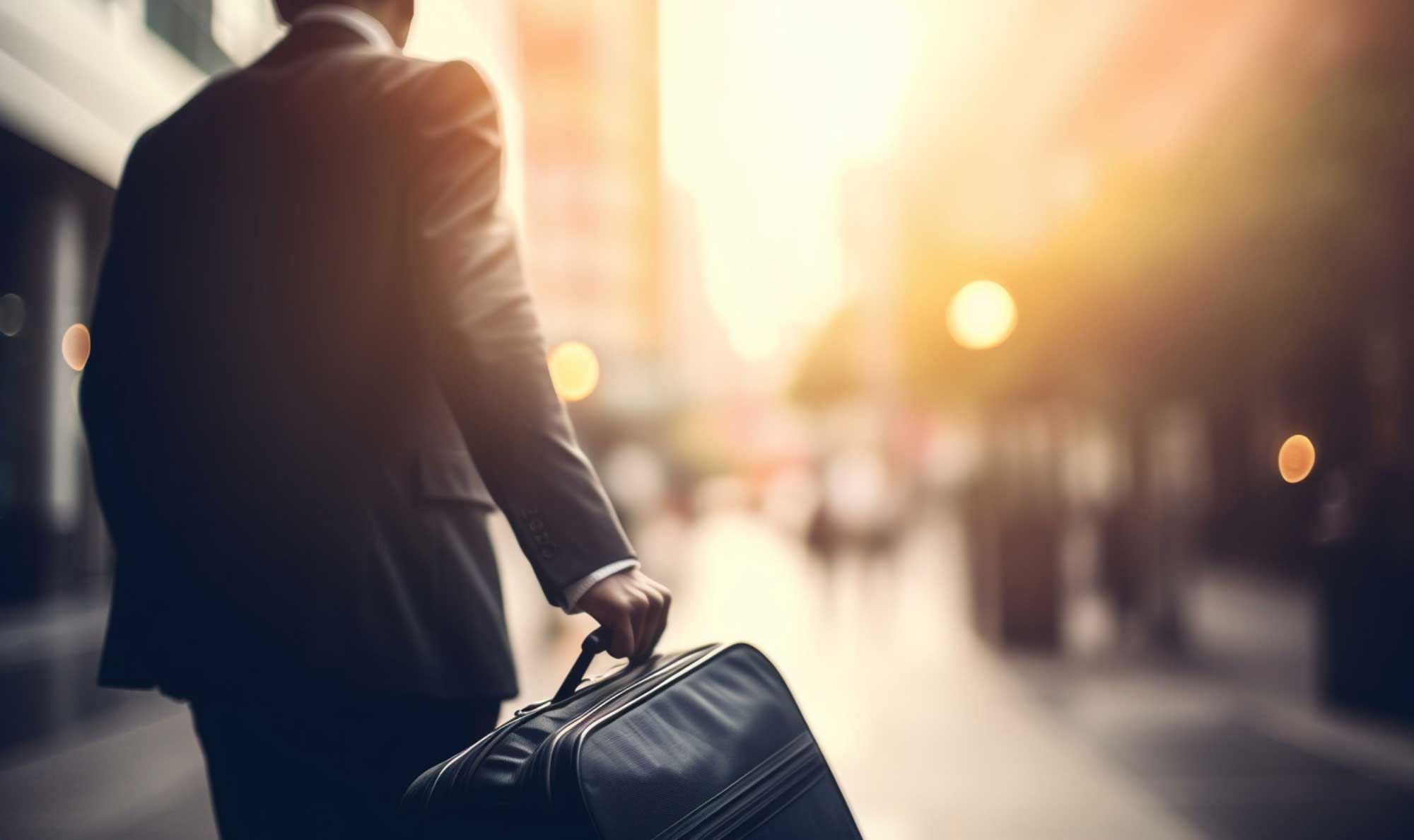 Man walking toward a busy street with a blurred background